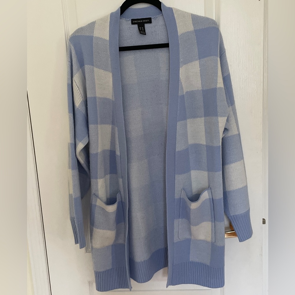 Blue and White Checkered Cardigan